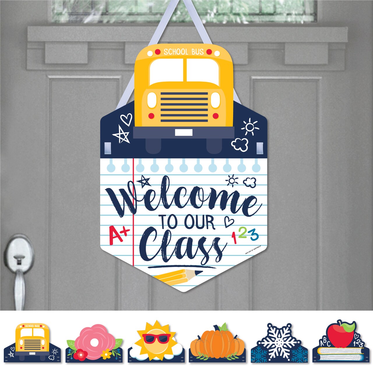 Big Dot of Happiness Welcome to Our Class - Hanging First Day of School Classroom Seasonal Sign - Interchangeable Door Decor